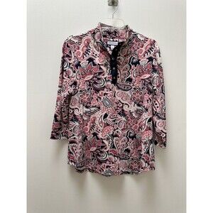 Charter Club Shirt Womens Large Floral 3/4 Sleeve Polo Top Stretch 1/2 Button Up